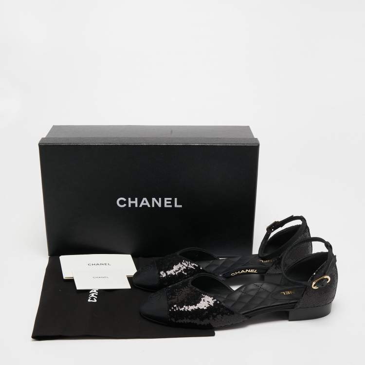 Pre Owned Chanel Black Sequins and Canvas CC Cap Toe Mary Jane Flats Size 39