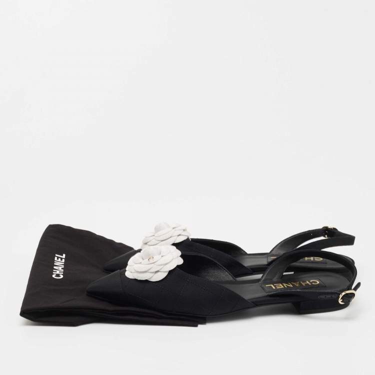 Pre Owned Chanel Black Quilted Canvas CC Camelia Slingback Flats Size 39