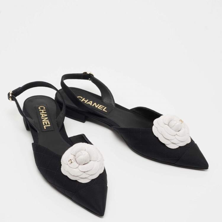 Pre Owned Chanel Black Quilted Canvas CC Camelia Slingback Flats Size 39