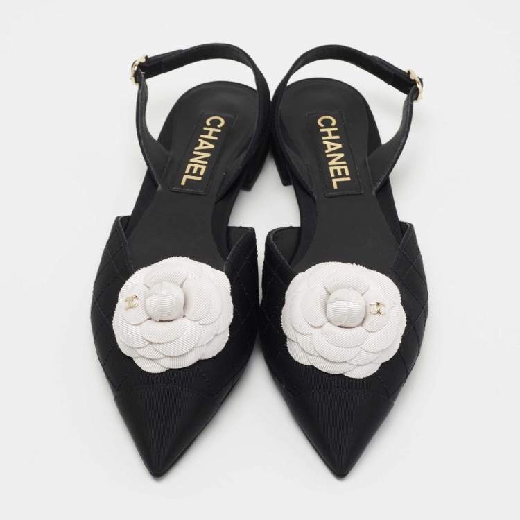 Pre Owned Chanel Black Quilted Canvas CC Camelia Slingback Flats Size 39