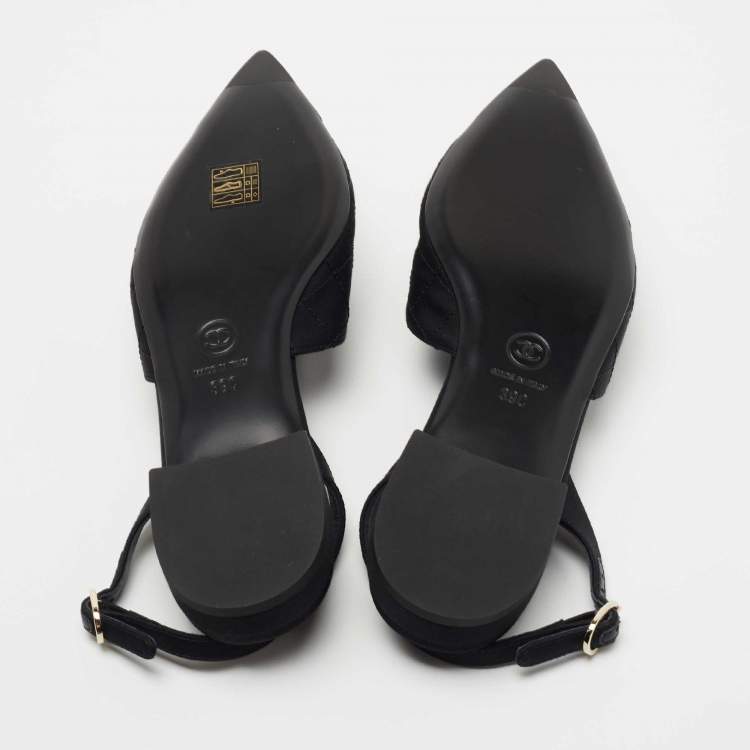 Pre Owned Chanel Black Quilted Canvas CC Camelia Slingback Flats Size 39