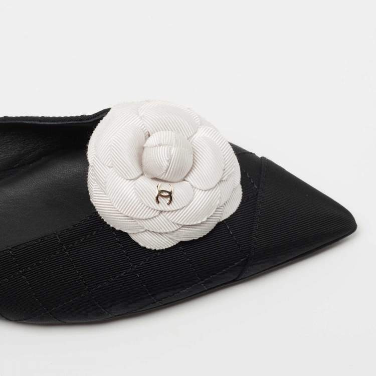 Pre Owned Chanel Black Quilted Canvas CC Camelia Slingback Flats Size 39