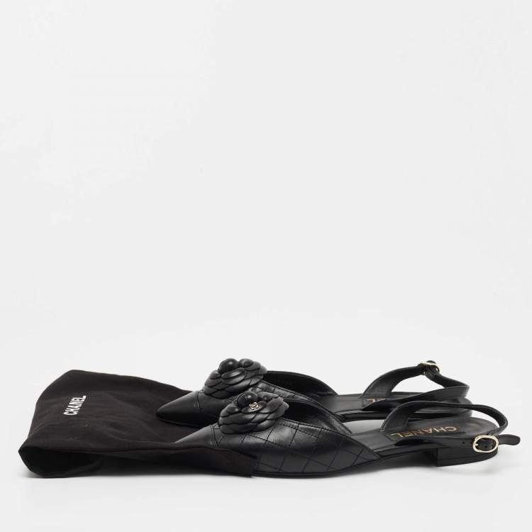 Pre Owned Chanel Black Quilted Leather CC Camelia Slingback Flats Size 39