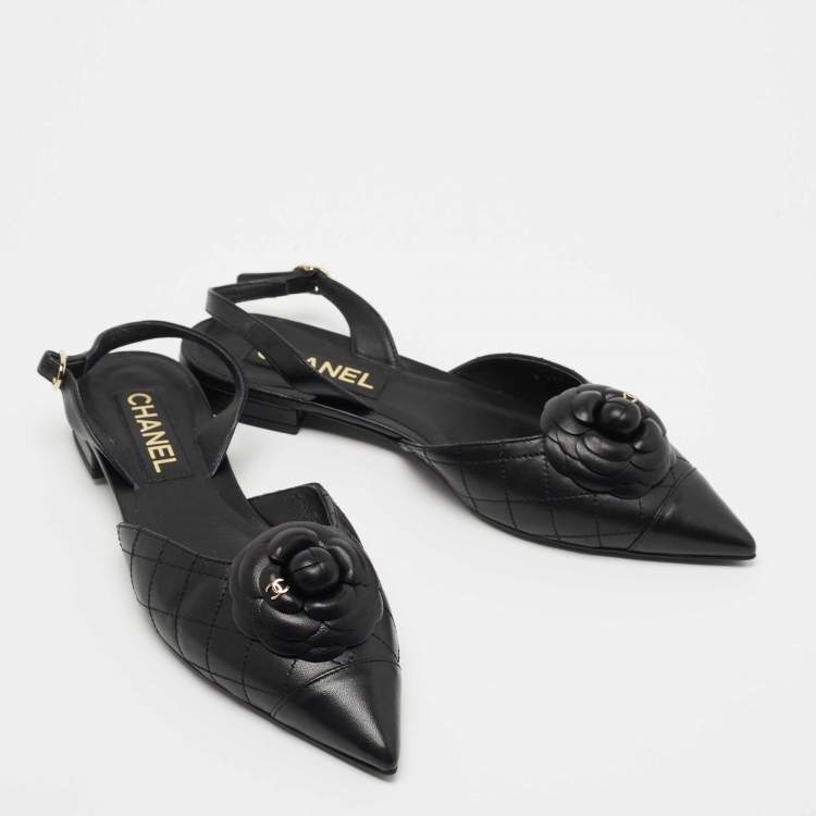 Pre Owned Chanel Black Quilted Leather CC Camelia Slingback Flats Size 39