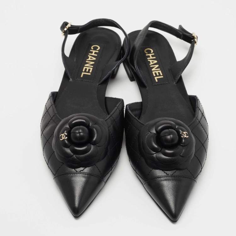 Pre Owned Chanel Black Quilted Leather CC Camelia Slingback Flats Size 39