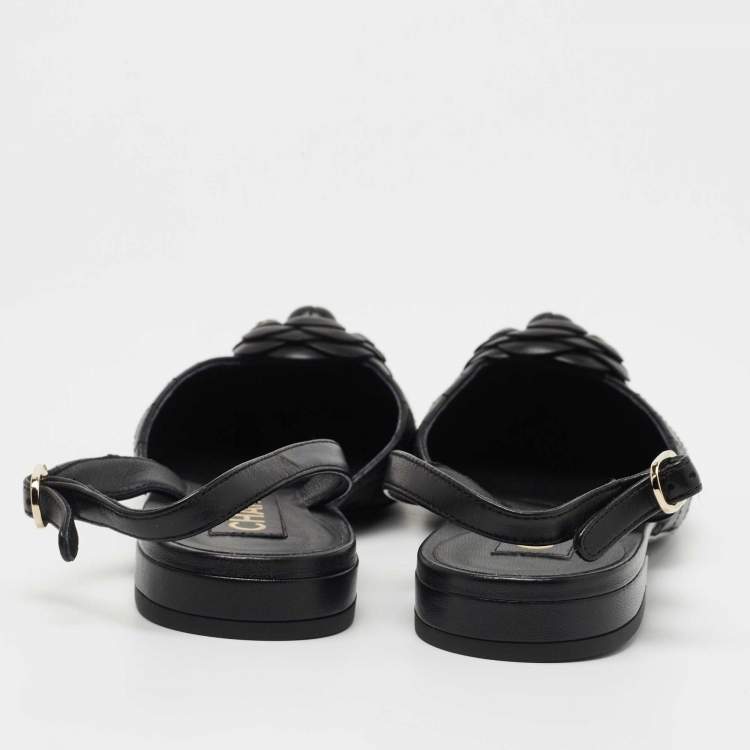 Pre Owned Chanel Black Quilted Leather CC Camelia Slingback Flats Size 39