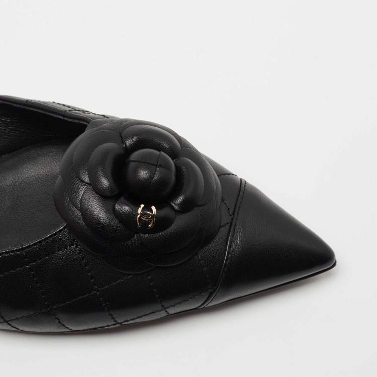 Pre Owned Chanel Black Quilted Leather CC Camelia Slingback Flats Size 39
