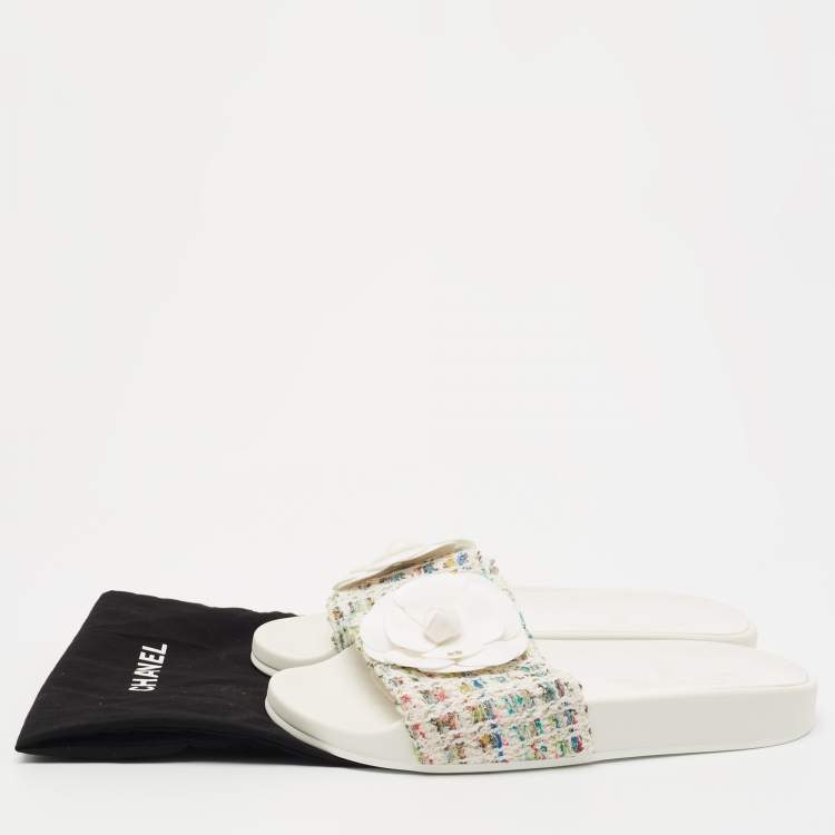 Pre Owned Chanel White Tweed CC Camellia Flat Slides Size 37
