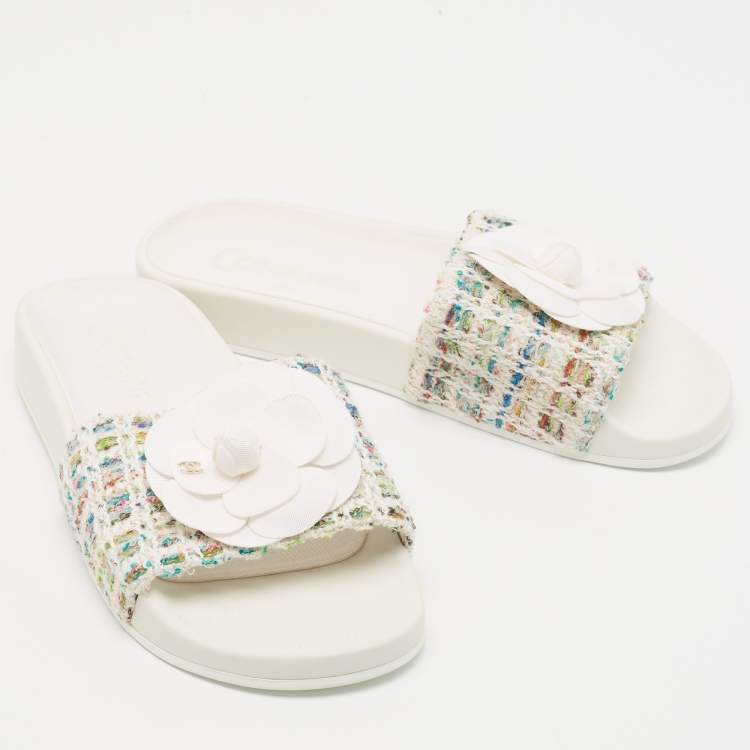 Pre Owned Chanel White Tweed CC Camellia Flat Slides Size 37