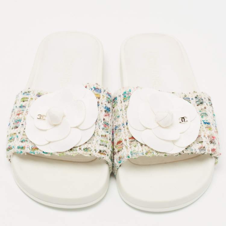Pre Owned Chanel White Tweed CC Camellia Flat Slides Size 37