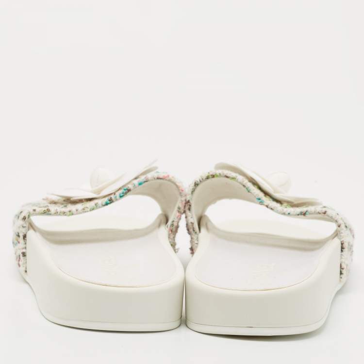 Pre Owned Chanel White Tweed CC Camellia Flat Slides Size 37