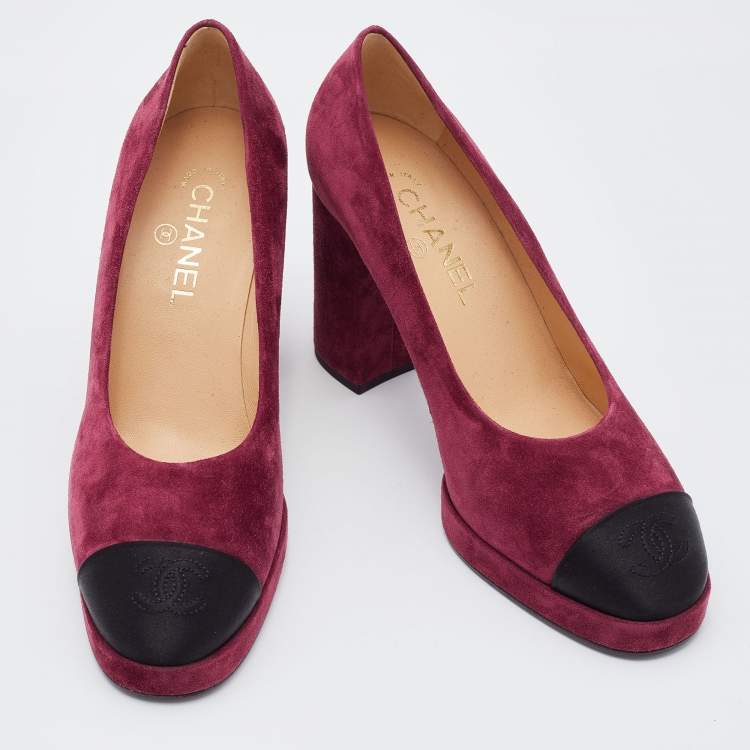 Pre Owned Chanel Burgundy/Black Suede and Fabric CC Cap Toe Platform Pumps Size 40