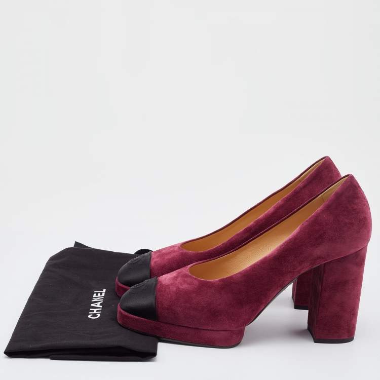 Pre Owned Chanel Burgundy/Black Suede and Fabric CC Cap Toe Platform Pumps Size 40