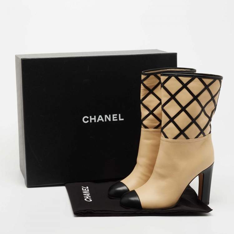 Pre Owned Chanel Beige/Black Interlocking Leather Cap Toe Mid Calf Boots Size 36.5