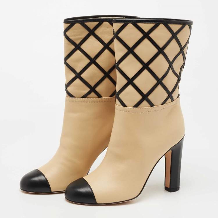Chanel Beige/Black Interlocking Leather Cap Toe Mid Calf Boots Size 36.5  Chanel