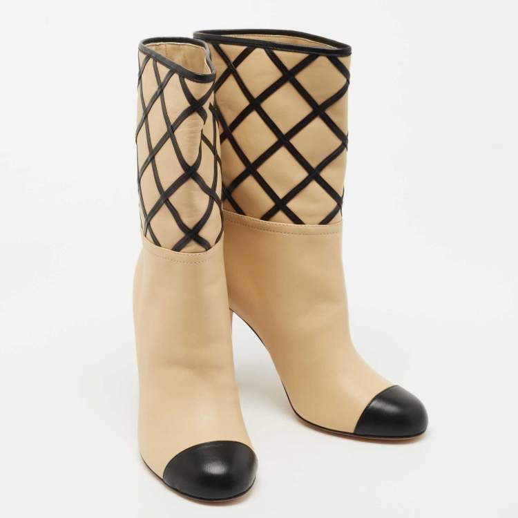 Pre Owned Chanel Beige/Black Interlocking Leather Cap Toe Mid Calf Boots Size 36.5