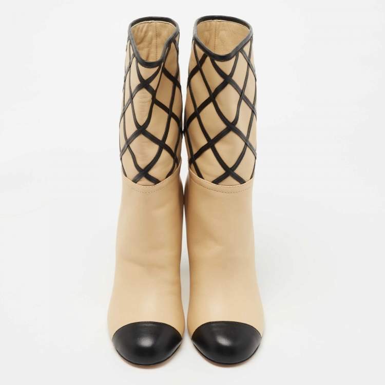 Pre Owned Chanel Beige/Black Interlocking Leather Cap Toe Mid Calf Boots Size 36.5