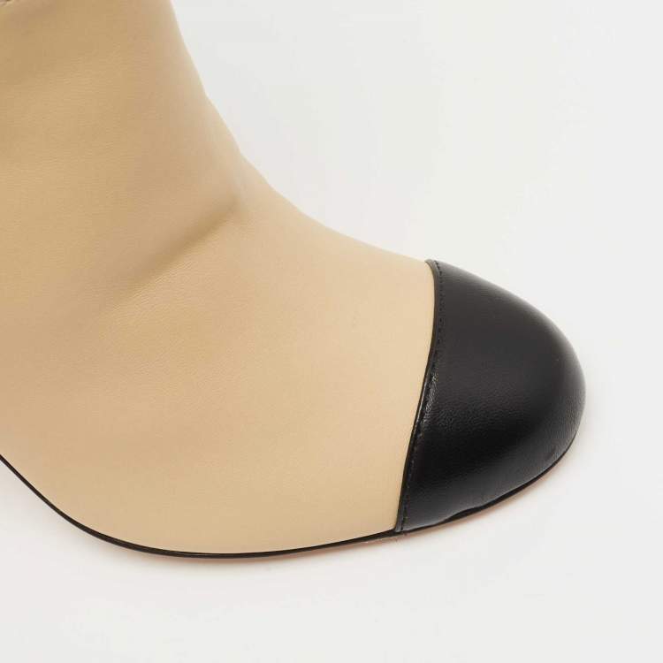 Pre Owned Chanel Beige/Black Interlocking Leather Cap Toe Mid Calf Boots Size 36.5