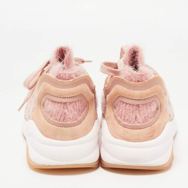 Pre Owned Chanel Pink Suede and Fabric Interlocking CC Logo Sneakers Size 38.5
