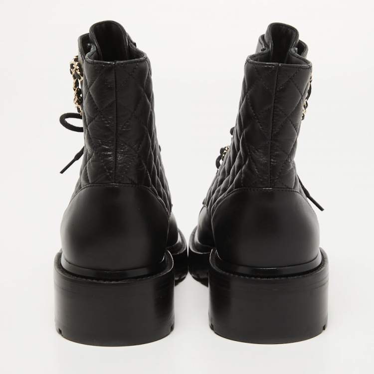 Pre Owned Chanel Black Leather Interlocking CC Logo Combat Boots Size 39.5