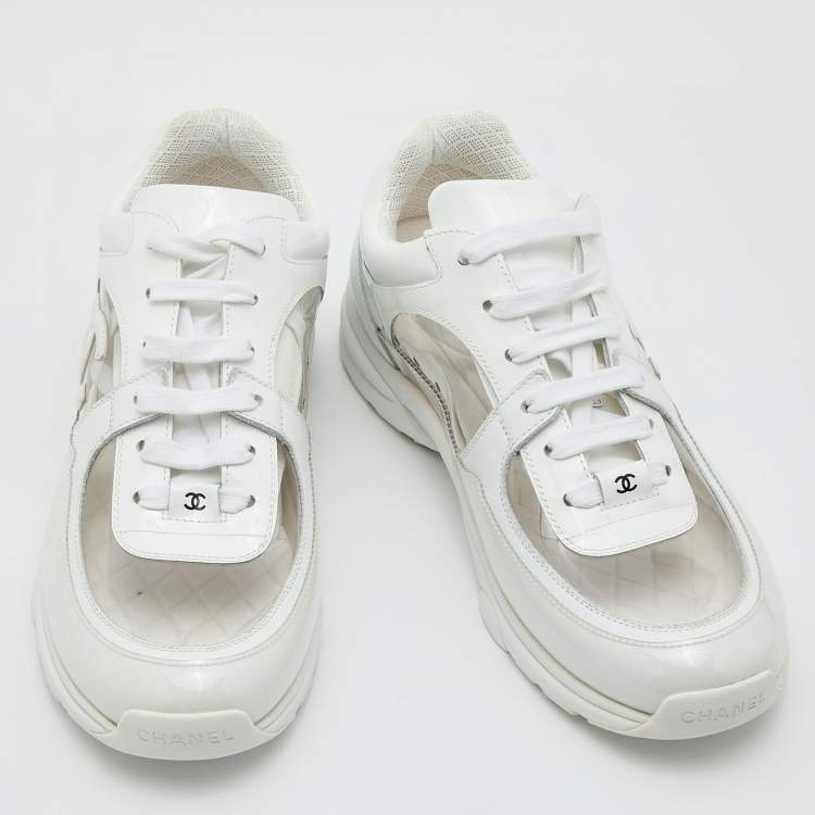 Pre Owned Chanel White PVC and Patent Leather CC Low Top Sneakers Size 39.5