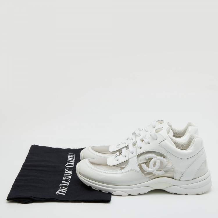 Pre Owned Chanel White PVC and Patent Leather CC Low Top Sneakers Size 39.5