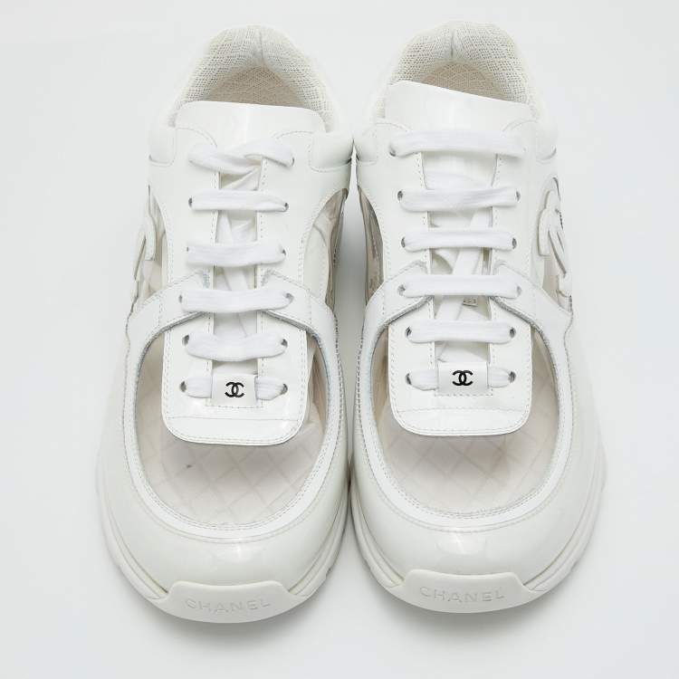 Pre Owned Chanel White PVC and Patent Leather CC Low Top Sneakers Size 39.5