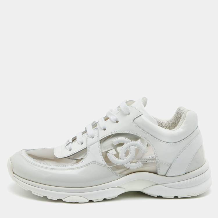 Chanel White PVC and Patent Leather CC Low Top Sneakers Size 39.5 ...