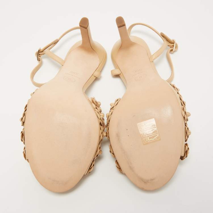 Pre Owned Chanel Beige Leather Camelia Ankle Strap Sandals Size 39