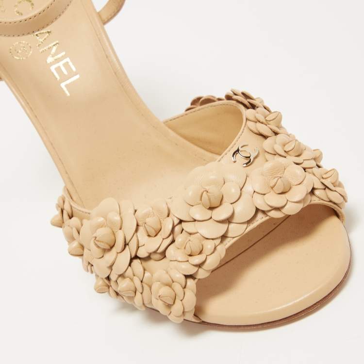Pre Owned Chanel Beige Leather Camelia Ankle Strap Sandals Size 39