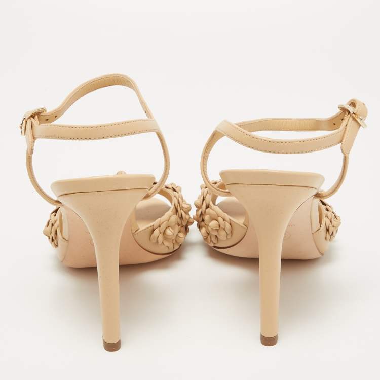 Pre Owned Chanel Beige Leather Camelia Ankle Strap Sandals Size 39