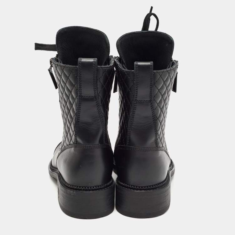 Pre Owned Chanel Black Leather Interlocking CC Logo Combat Boots Size 38