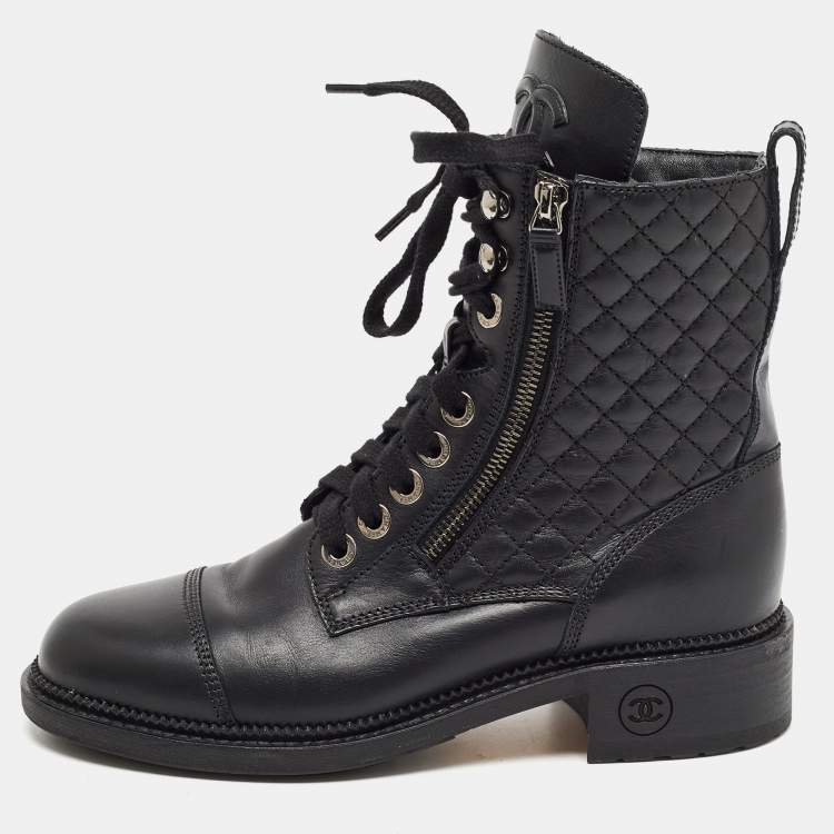 Chanel Black Leather Interlocking CC Logo Combat Boots Size 38 Chanel | The  Luxury Closet