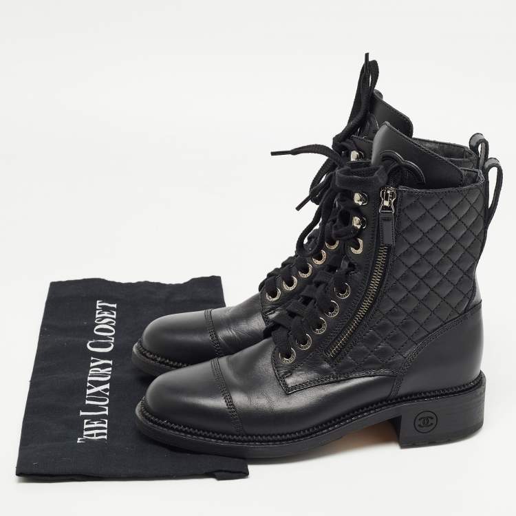 Pre Owned Chanel Black Leather Interlocking CC Logo Combat Boots Size 38