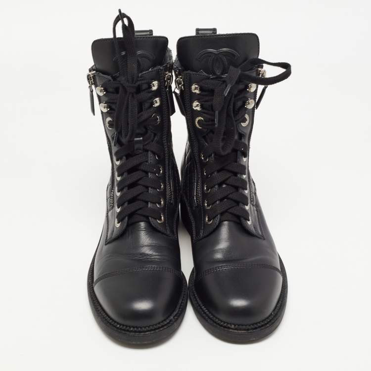 Pre Owned Chanel Black Leather Interlocking CC Logo Combat Boots Size 38