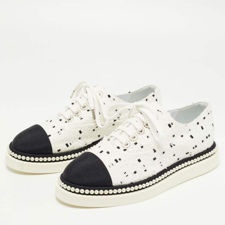 Chanel Monochrome Tweed and Canvas Cap Toe Faux Pearl Trim Oxfords Sneakers  Size  Chanel | TLC