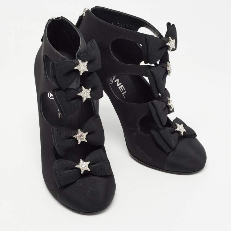 Pre Owned Chanel Black Canvas Cutout Bow Ankle Boots Size 38