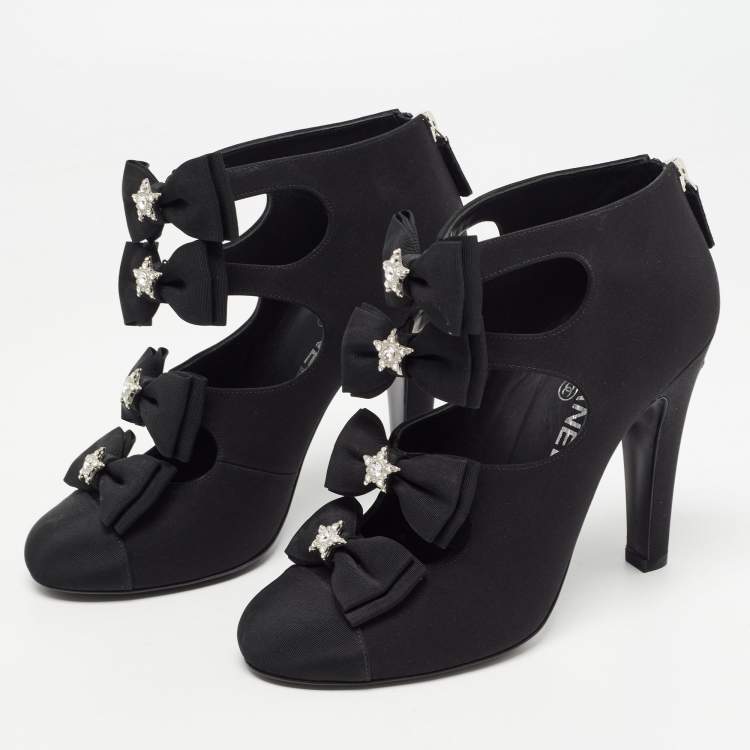 Chanel Black Canvas Cutout Bow Ankle Boots Size 38 Chanel