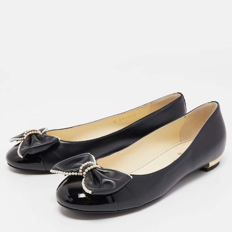 Chanel Black Leather Pearl Embellished Bow CC Cap Toe Ballet Flats