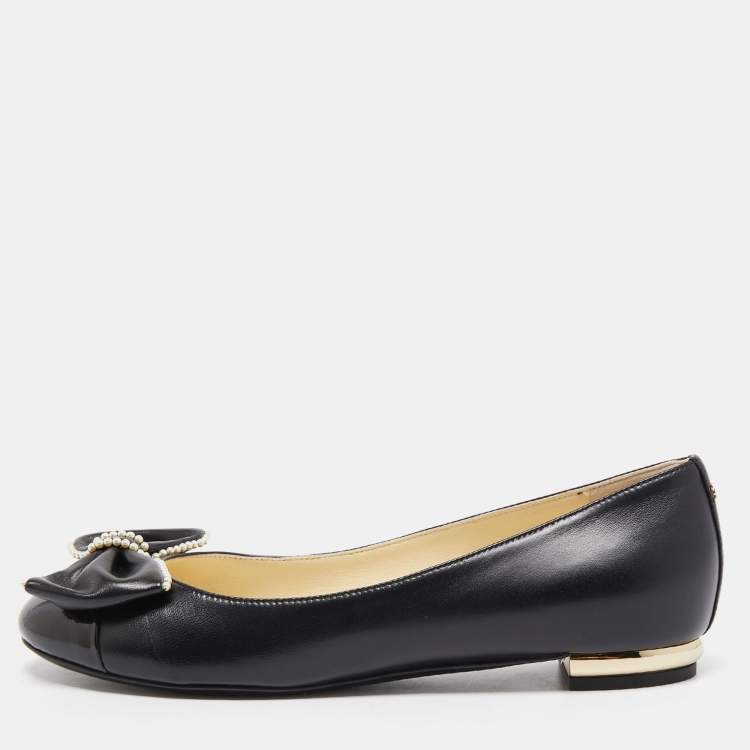 Chanel Two Tone Lace and Patent Leather CC Cap Toe Ballet Flats