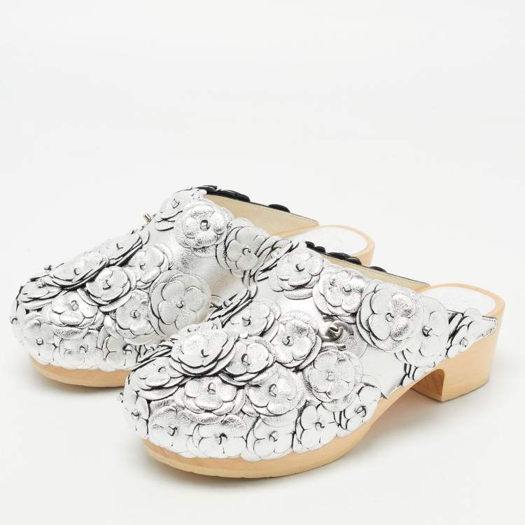 Chanel Silver Leather Camellia Embellished CC Lock Wooden Clogs