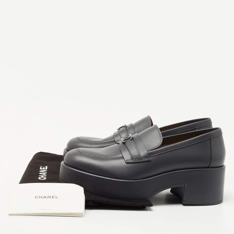 Pre Owned Chanel Dark Grey Leather CC Platform Loafers Size 39.5