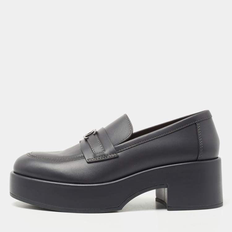 Pre Owned Chanel Dark Grey Leather CC Platform Loafers Size 39.5