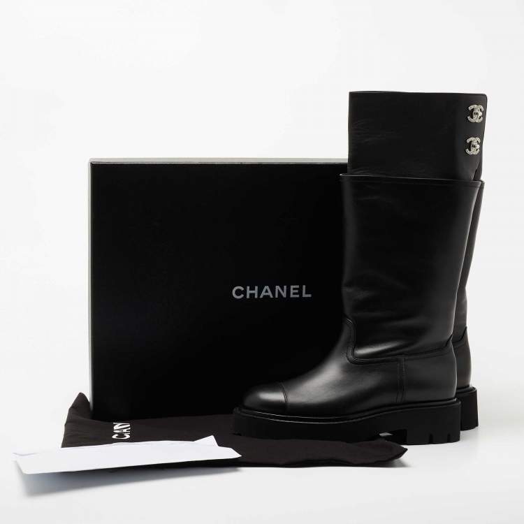 Pre Owned Chanel Black Leather CC Crystal Embellished Knee Length Boots Size 38