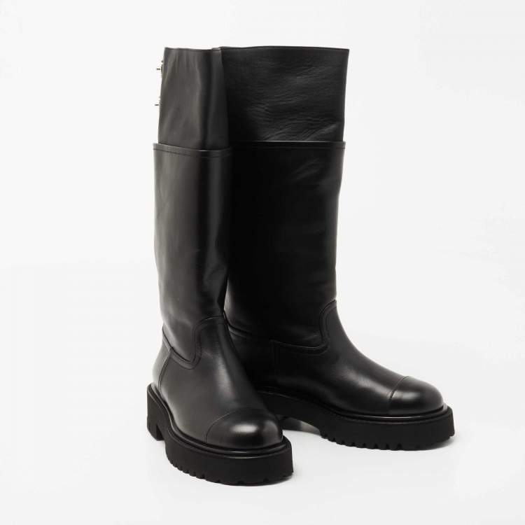 Pre Owned Chanel Black Leather CC Crystal Embellished Knee Length Boots Size 38