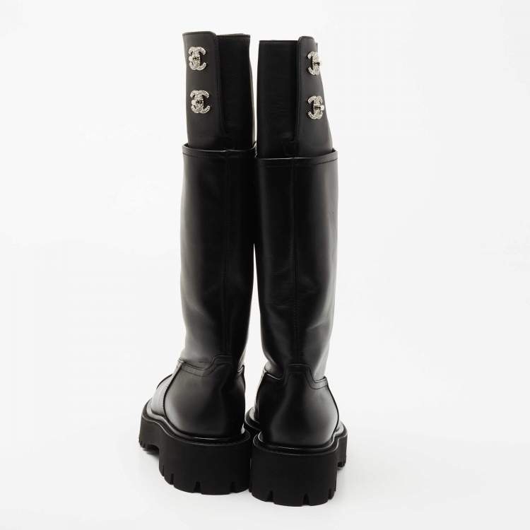 Pre Owned Chanel Black Leather CC Crystal Embellished Knee Length Boots Size 38