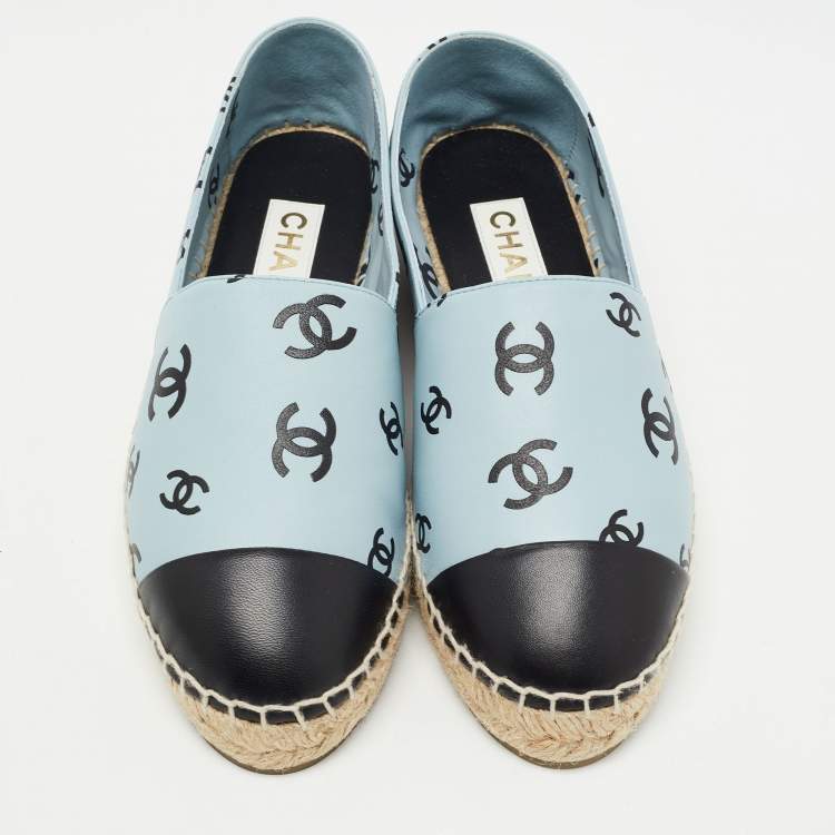 Pre Owned Chanel Blue/Black Leather  Interlocking CC Logo Espadrilles Size 37