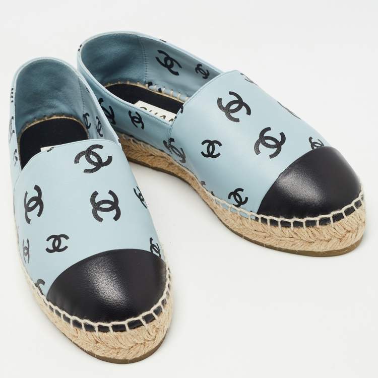 Pre Owned Chanel Blue/Black Leather  Interlocking CC Logo Espadrilles Size 37