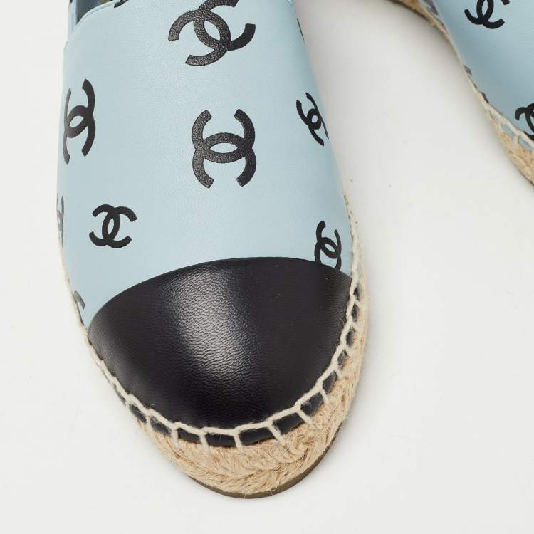 Pre Owned Chanel Blue/Black Leather  Interlocking CC Logo Espadrilles Size 37