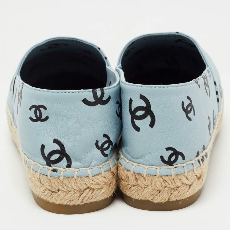 Pre Owned Chanel Blue/Black Leather  Interlocking CC Logo Espadrilles Size 37
